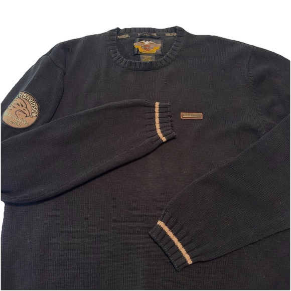Harley Davidson Black Cotton Knit Men's Sweater‎ Motorcycle Arm Patch Size Large